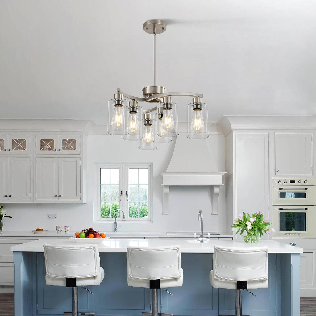 Sigaitwei 6 Light Farmhouse Brushed Nickel Chandelier,21.7' Modern Chandeliers for Dining Room Light Fixtures Over Table,Pendant Lights Kitchen Island,Metal Bracket with Downward Clear Glass Shade