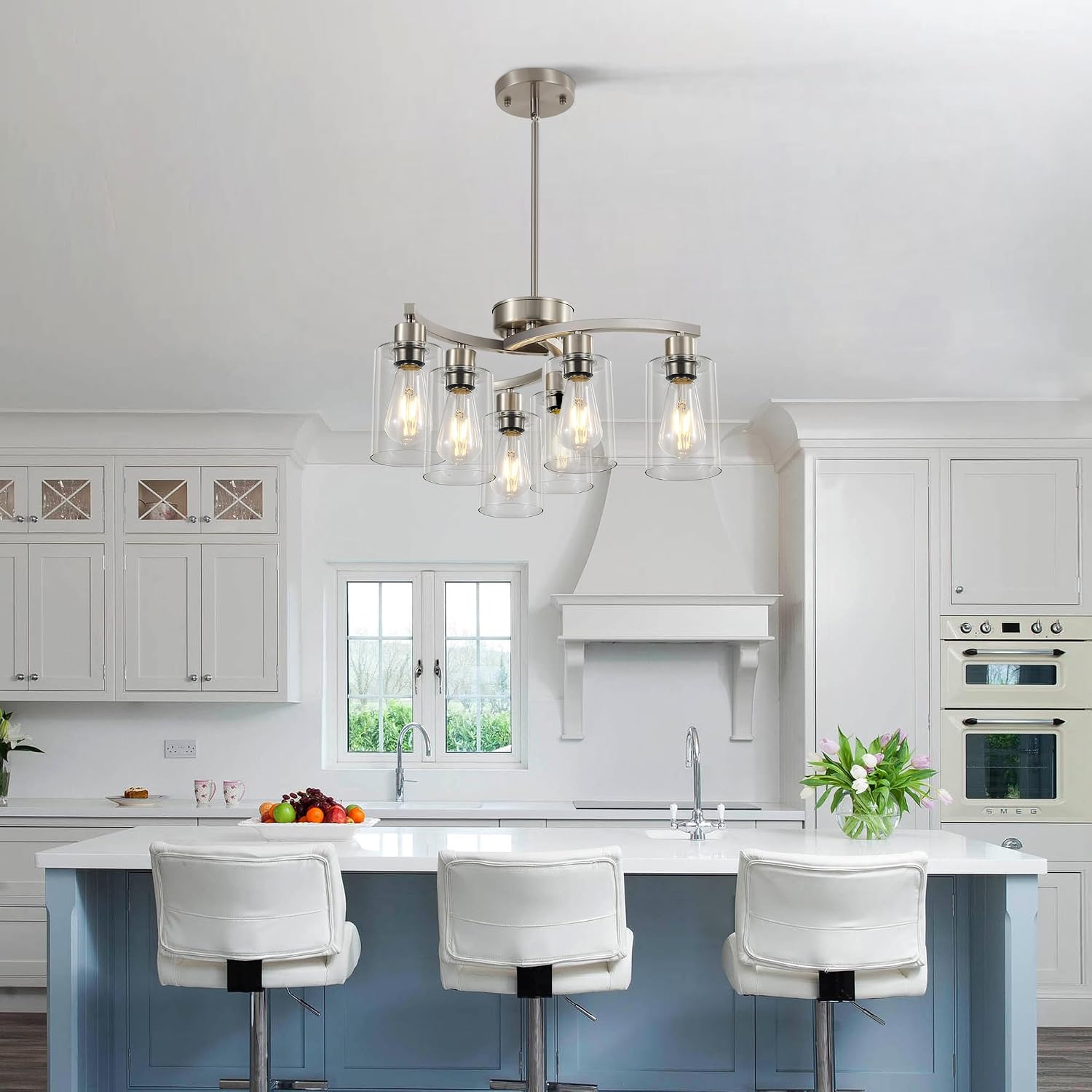 Sigaitwei 6 Light Farmhouse Brushed Nickel Chandelier,21.7' Modern Chandeliers for Dining Room Light Fixtures Over Table,Pendant Lights Kitchen Island,Metal Bracket with Downward Clear Glass Shade