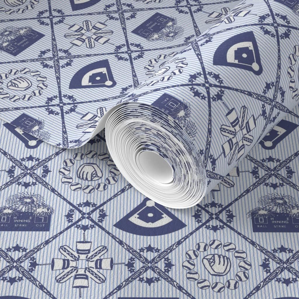 Spoonflower Commercial Grade Wallpaper 27ft x 2ft - Baseball Diamonds Toile Stars Sports Firework Glove Diamond Traditional Wallpaper