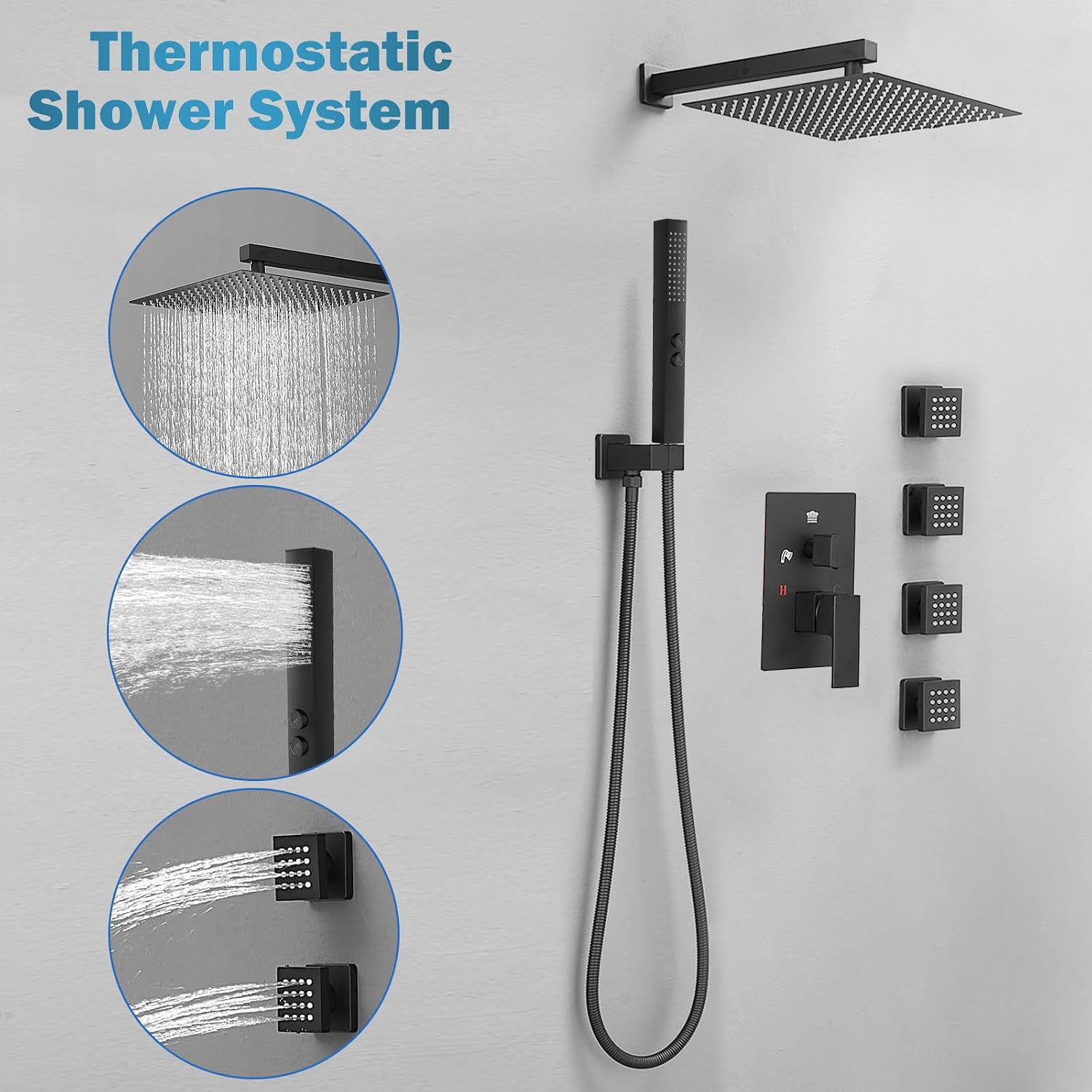RUMOSE Rainfall Shower System with 4 Full Body Jet 4 Mode Shower Faucet Set with 12 Inch Rain Shower Head and 2 in 1 Handheld Spray, Matte Black Brass Shower Jet Shower Fixtures, Wall Mounted