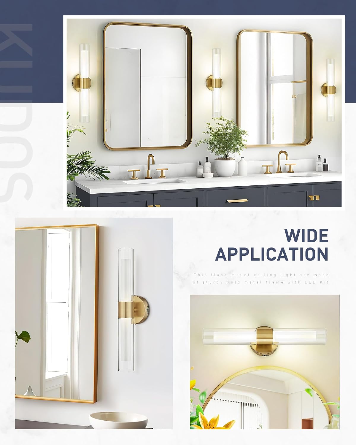 kudos Gold Modern Sconces Wall Lighting, 2Pc Wall Sconces with Clear Glass and Frosted Glass, Modern LED Vanity Light for Bathroom, 3000K/4500K/6000K Adjustable,KDVL06-GD-2-2PK