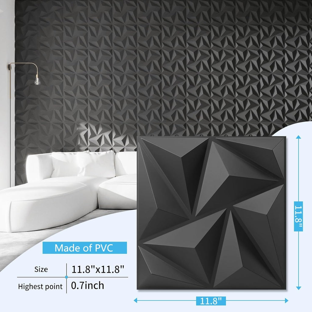 Art3d 3D Wall Panels 100 Pack, 11.8' x 11.8' (97 Sq.ft) PVC Wall Panels - Glue Up Panels Wall Decor for Living Room, Bedroom, Office, Black