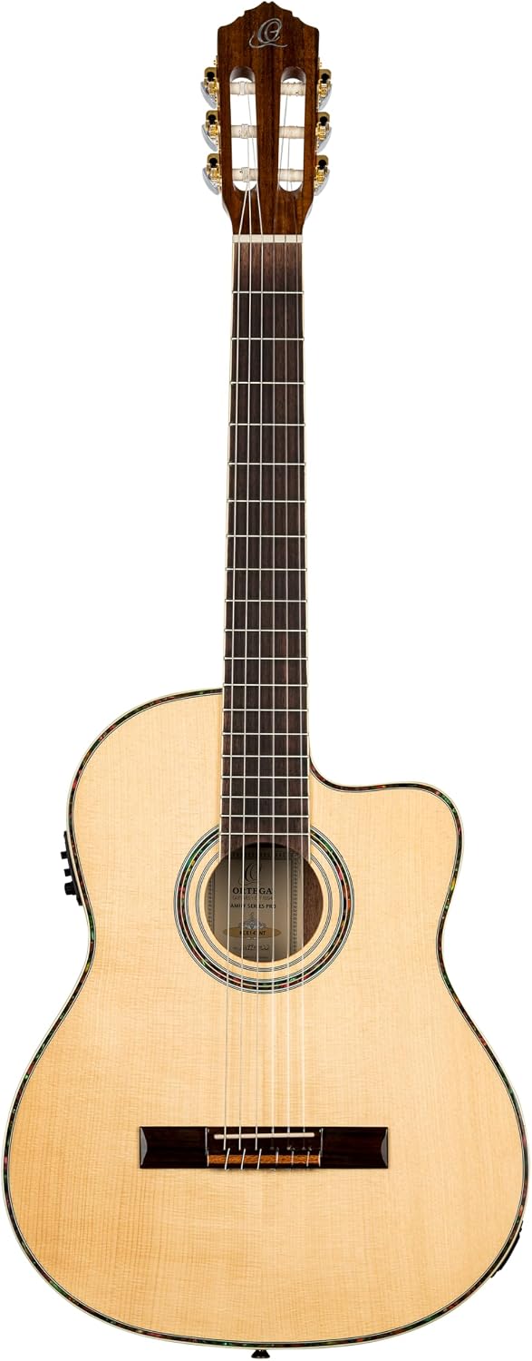 Ortega Guitars 6 String Family Series Pro Solid Top Acoustic-Electric Nylon Classical Guitar w/Bag, Right, Full (RCE141NT)