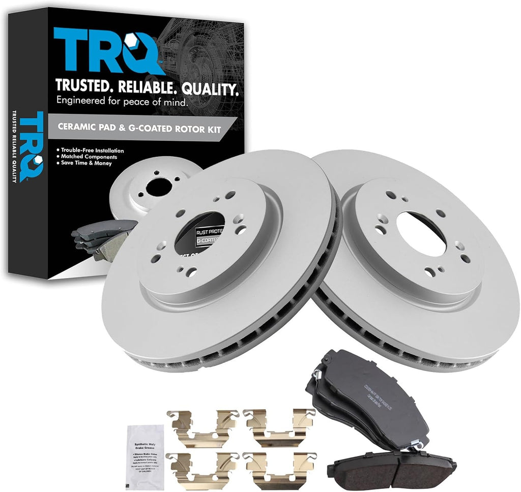 TRQ Front Ceramic Brake Pad and Rotor Set Coated Compatible with 07-12 Acura RDX 07-11 Honda CR-V 10-11 Honda Accord Crosstour 12 Crosstour