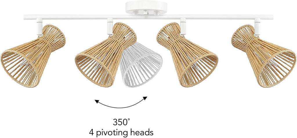 Globe Electric 64000050 28' 4-Light Track Lighting, Matte White, Natural Twine Shades, Ceiling Light, Pivot Shade, Kitchen Lights, 4 Bulb Track-Light