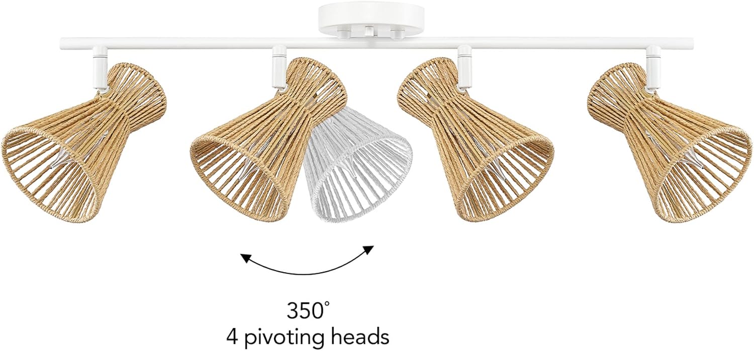 Globe Electric 64000050 28' 4-Light Track Lighting, Matte White, Natural Twine Shades, Ceiling Light, Pivot Shade, Kitchen Lights, 4 Bulb Track-Light