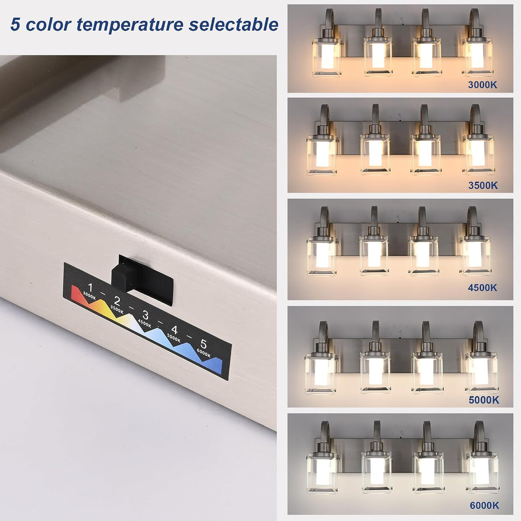 TODOLUZ 4-Light Bathroom Vanity Light,Brushed Nickel LED Modern Wall Light with 5 Color Modes LED Bathroom Light Fixture with Frosted Column and Clear Glass Shade Vanity Lights