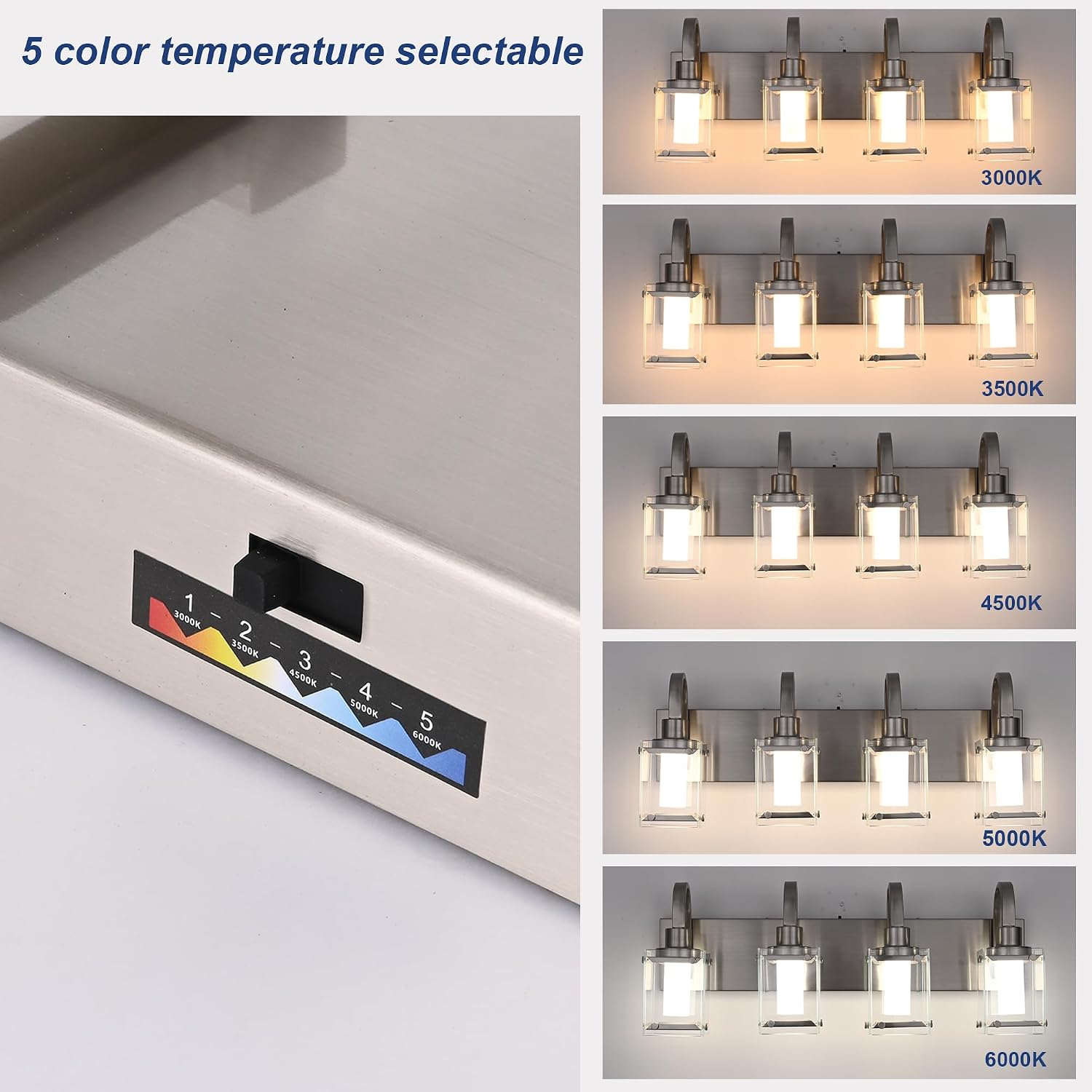 TODOLUZ 4-Light Bathroom Vanity Light,Brushed Nickel LED Modern Wall Light with 5 Color Modes LED Bathroom Light Fixture with Frosted Column and Clear Glass Shade Vanity Lights