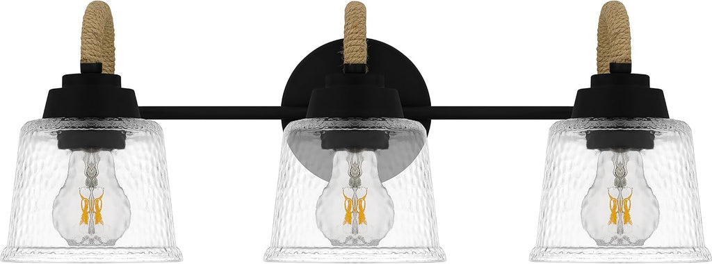 Quoizel Seabreeze Bath Vanity Lights,22 Inch 3-Light Matte Black Coastal-Inspired Lighting Fixtures Over Mirror, Clear Hammered Glass, 100W, Transitional Wall Light for Bathroom, Dresser or Sink