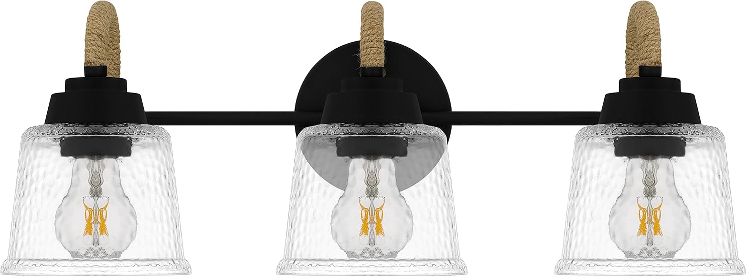 Quoizel Seabreeze Bath Vanity Lights,22 Inch 3-Light Matte Black Coastal-Inspired Lighting Fixtures Over Mirror, Clear Hammered Glass, 100W, Transitional Wall Light for Bathroom, Dresser or Sink