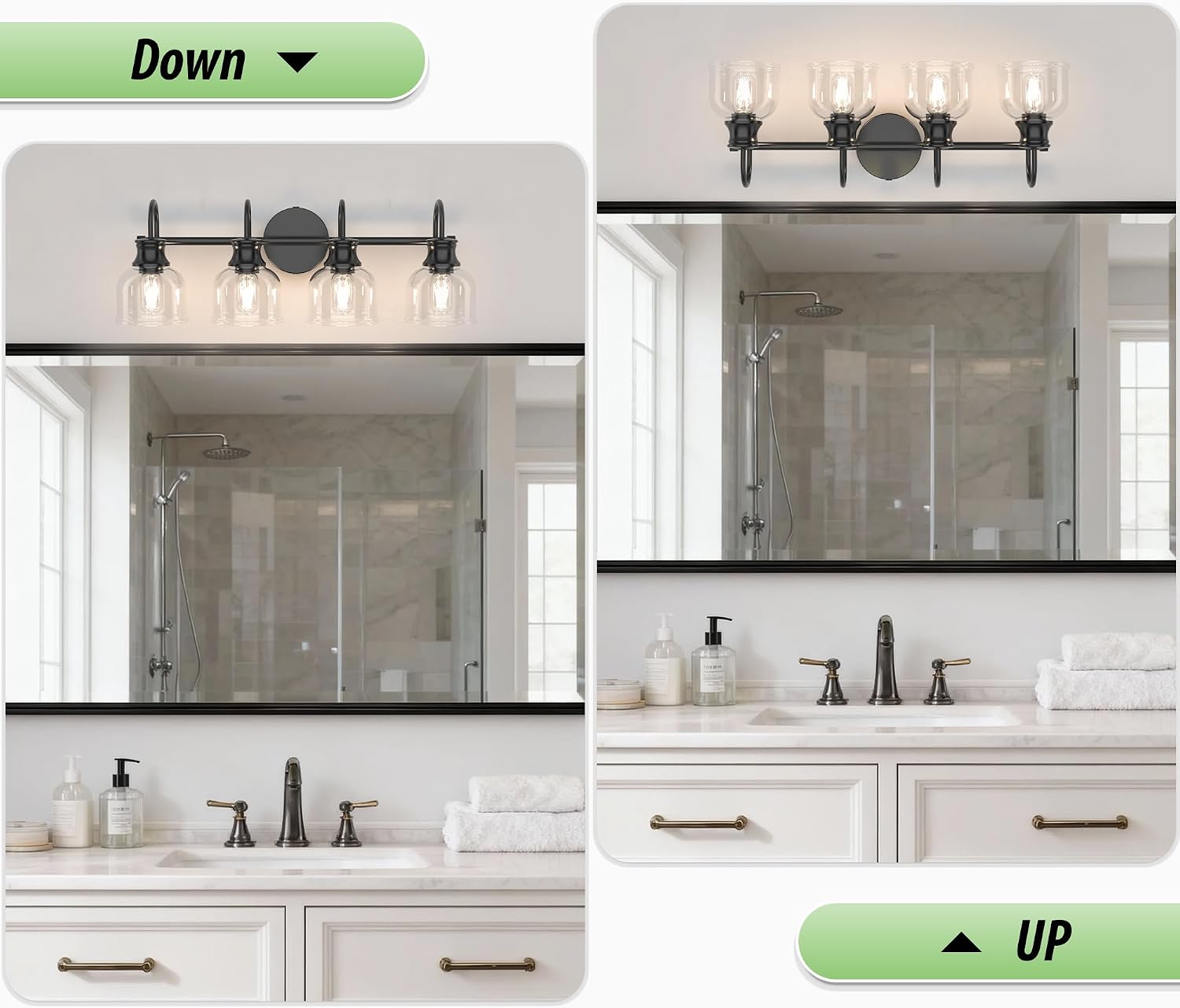 4 Lights Bathroom Vanity Light Fixtures, Matte Black Traditional Classic Vanity Light with Clear Glass, Bathroom Lighting Fixtures Over Mirror