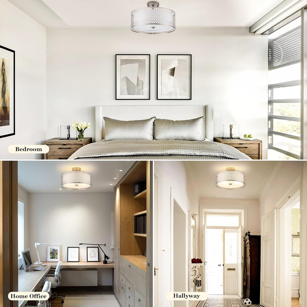 17' Semi Flush Mount Ceiling Light Fixture, Modern 3-Light E26 Double Drum Ceiling Lighting with White Fabric Lampshade and Gloden Iron Mesh Cage for Living Room Bedroom, Brushed Nickel