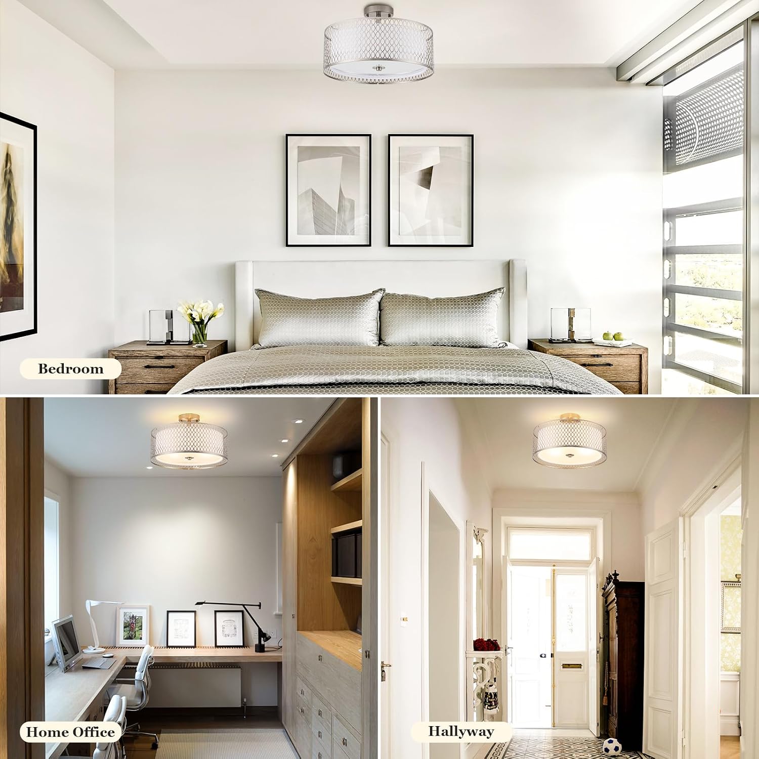 17' Semi Flush Mount Ceiling Light Fixture, Modern 3-Light E26 Double Drum Ceiling Lighting with White Fabric Lampshade and Gloden Iron Mesh Cage for Living Room Bedroom, Brushed Nickel