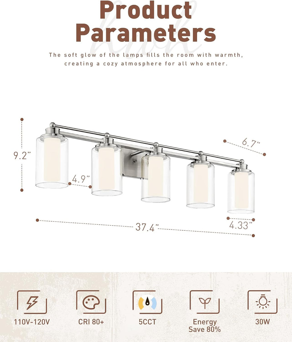 5 Light Bathroom Vanity Light, HWH Brushed Nickel Vanity Lights, Wall Mount Vanity Light Over Mirror, 30W 5CCT Dimmable LED Vanity Lights for Bathroom, 5HLT63B-5W-LED BN