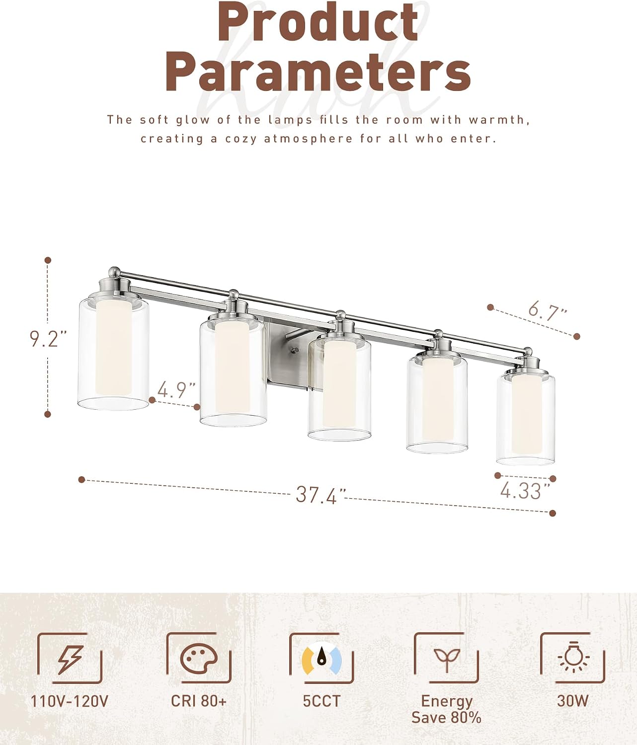 5 Light Bathroom Vanity Light, HWH Brushed Nickel Vanity Lights, Wall Mount Vanity Light Over Mirror, 30W 5CCT Dimmable LED Vanity Lights for Bathroom, 5HLT63B-5W-LED BN