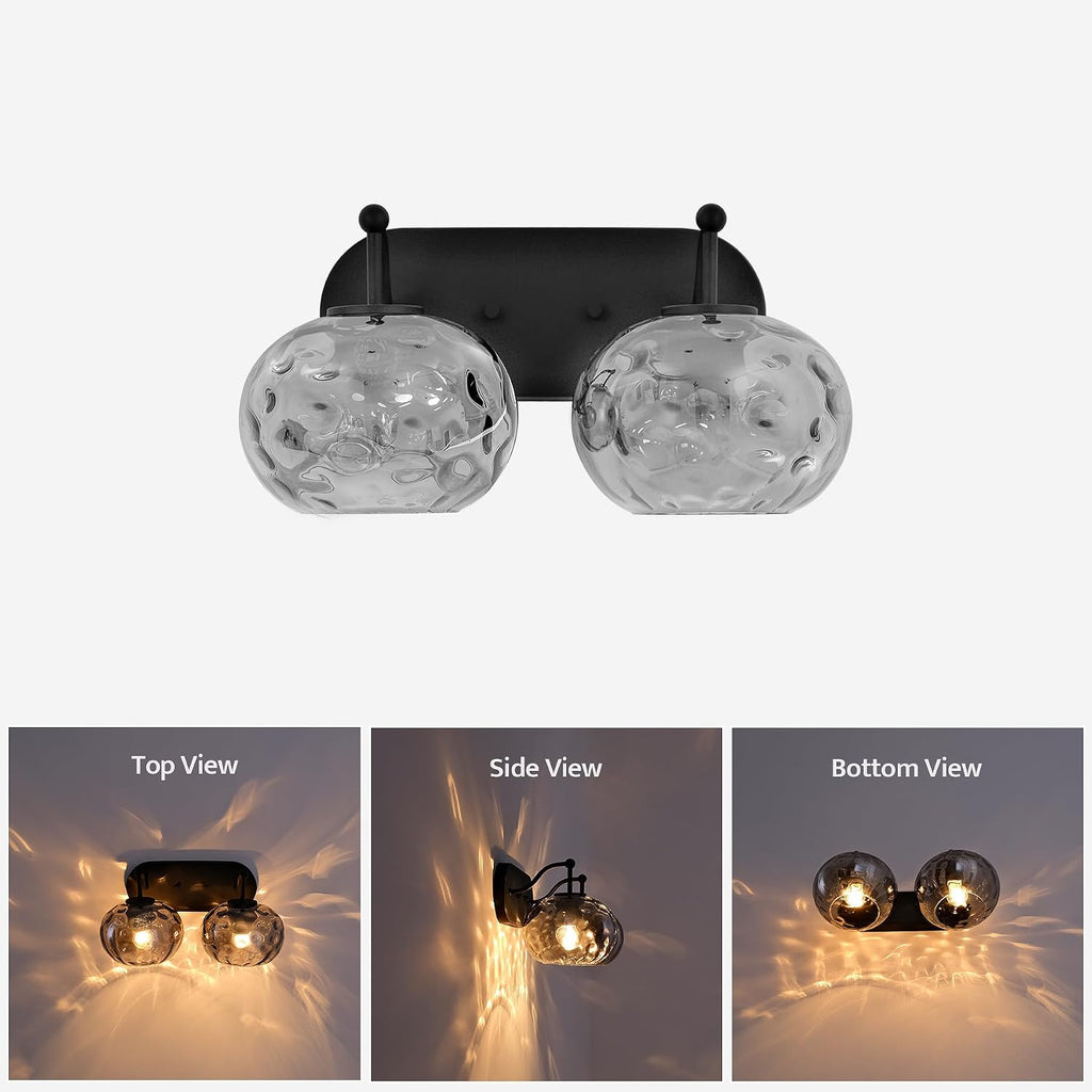 Matte Black Vanity Light Smoked Grey Hammered Glass Wall Sconce 2-Light Modern Mid-Century Wall Lamp for Hallway Living Room Stairwell Bathroom Over Mirror
