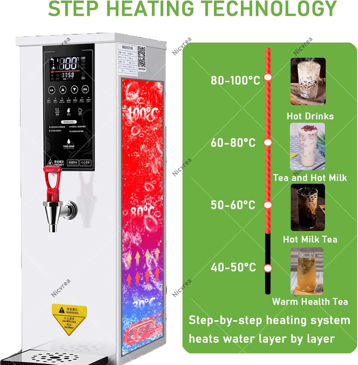 1000W Commercial Hot Water Dispenser Countertop, 25L(6.6Gal) /H Step-Heating Stainless Steel Water Boiler with Temperature Adjust for Boba Tea Office Restaurant Hotel White