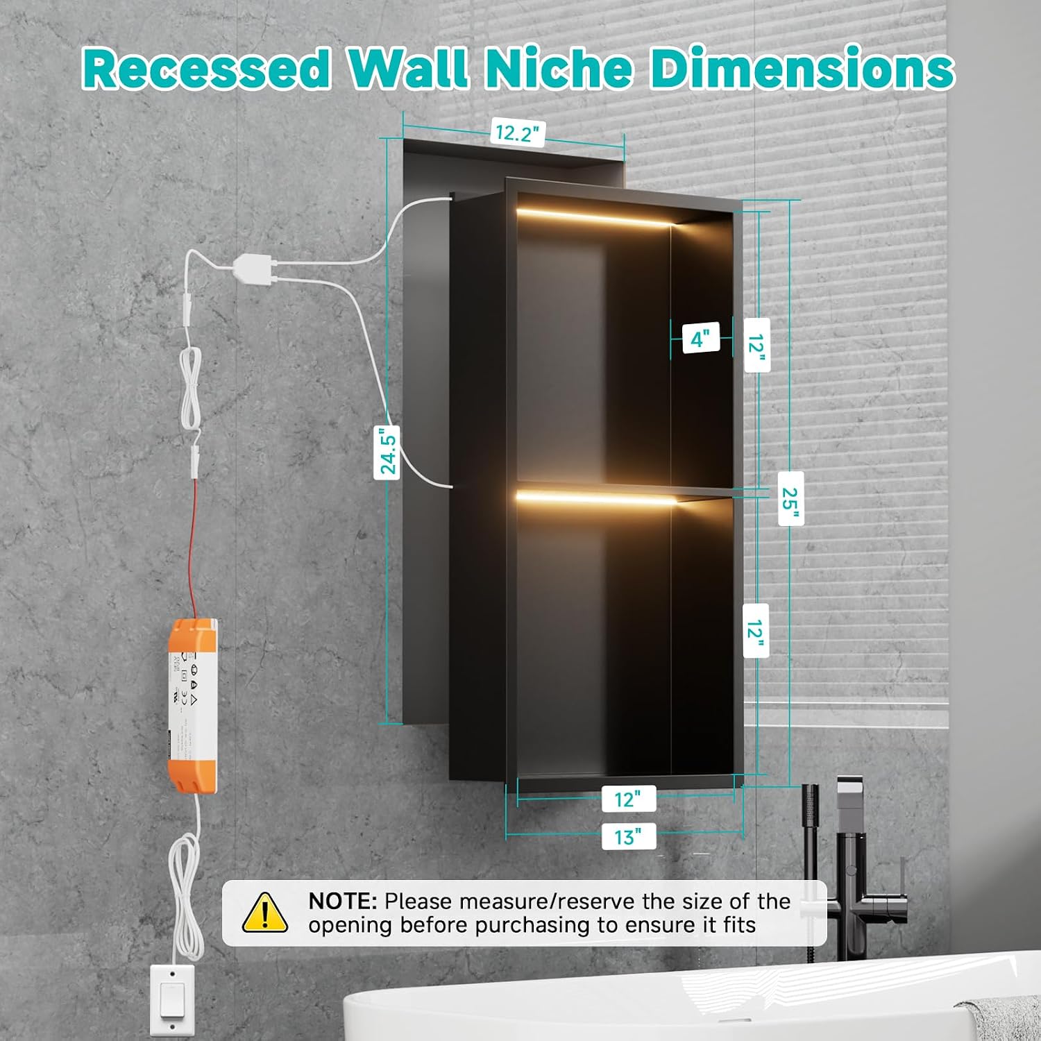 12' X 24' Stainless Steel Shower Niche with LED Lights, Matte Black Double Shelves Recessed Shower Niche No Tile Needed for Bathroom/Bedroom Storage