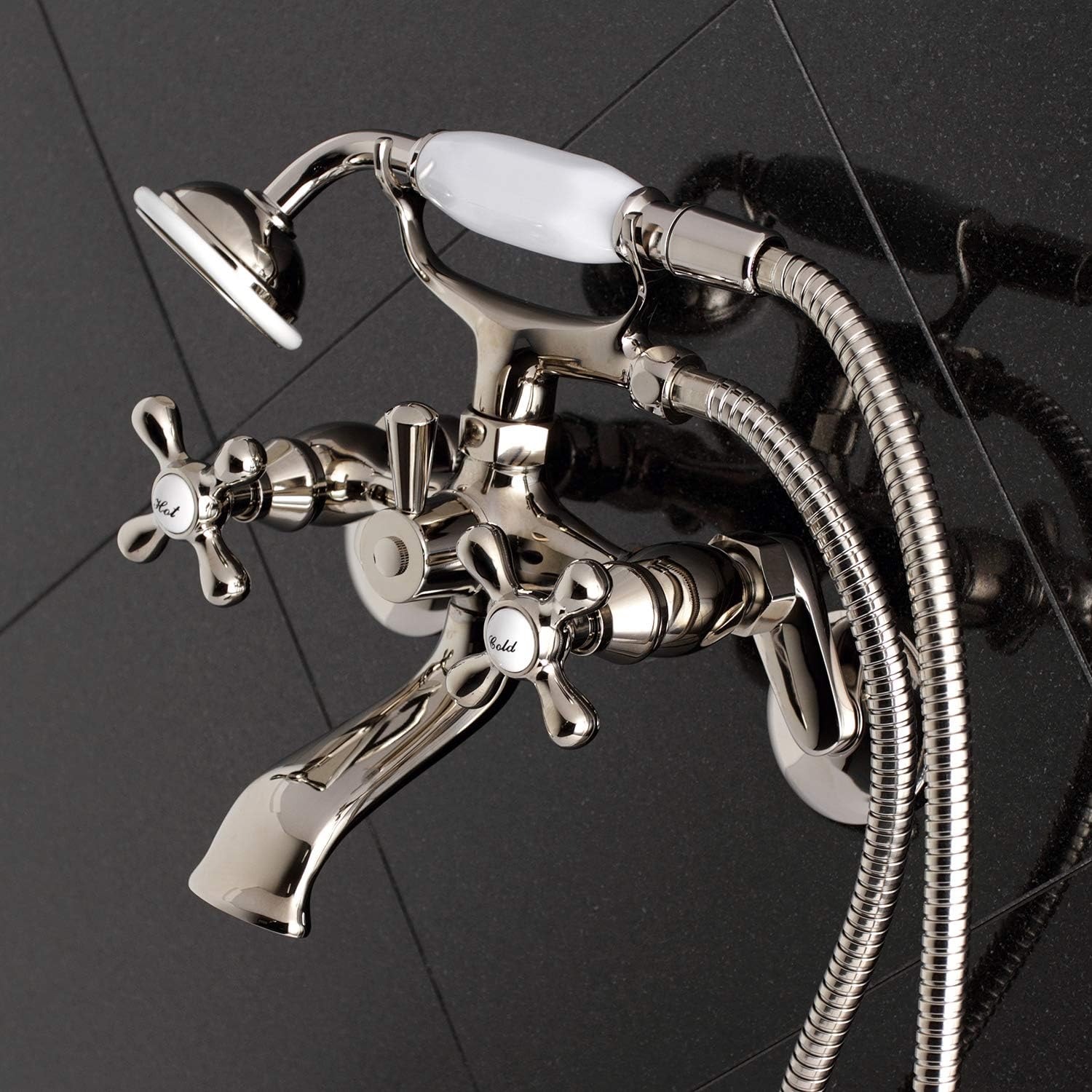 Kingston Brass KS266PN Kingston Wall Mount Clawfoot Tub Faucet with Hand Shower, Polished Nickel