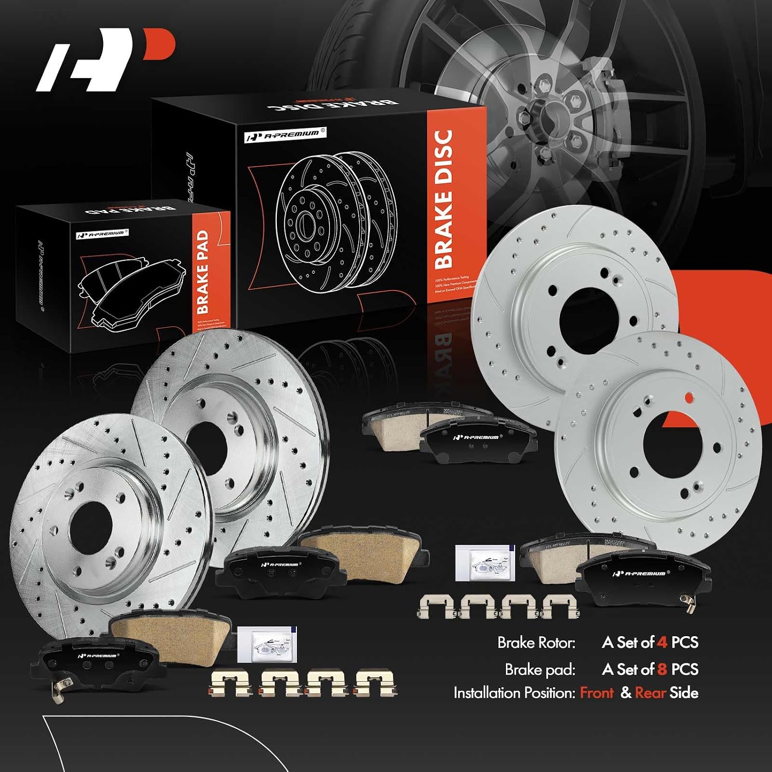 A-Premium Front and Rear Drilled and Slotted Disc Brake Rotors + Ceramic Pads Kit Compatible with Select Hyundai Models - Elantra 2017 2018 2019 2020, 12-PC Set