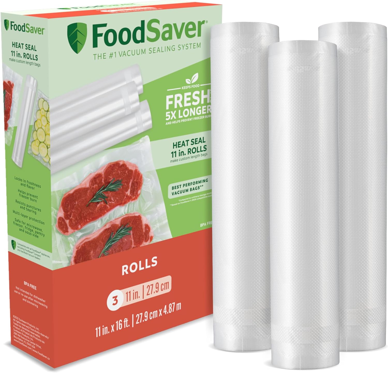 FoodSaver Custom Fit Vacuum Sealer Rolls,Airtight Food Storage and Sous Vide Rolls,BPA-Free,11 x 16',(Pack of 18)