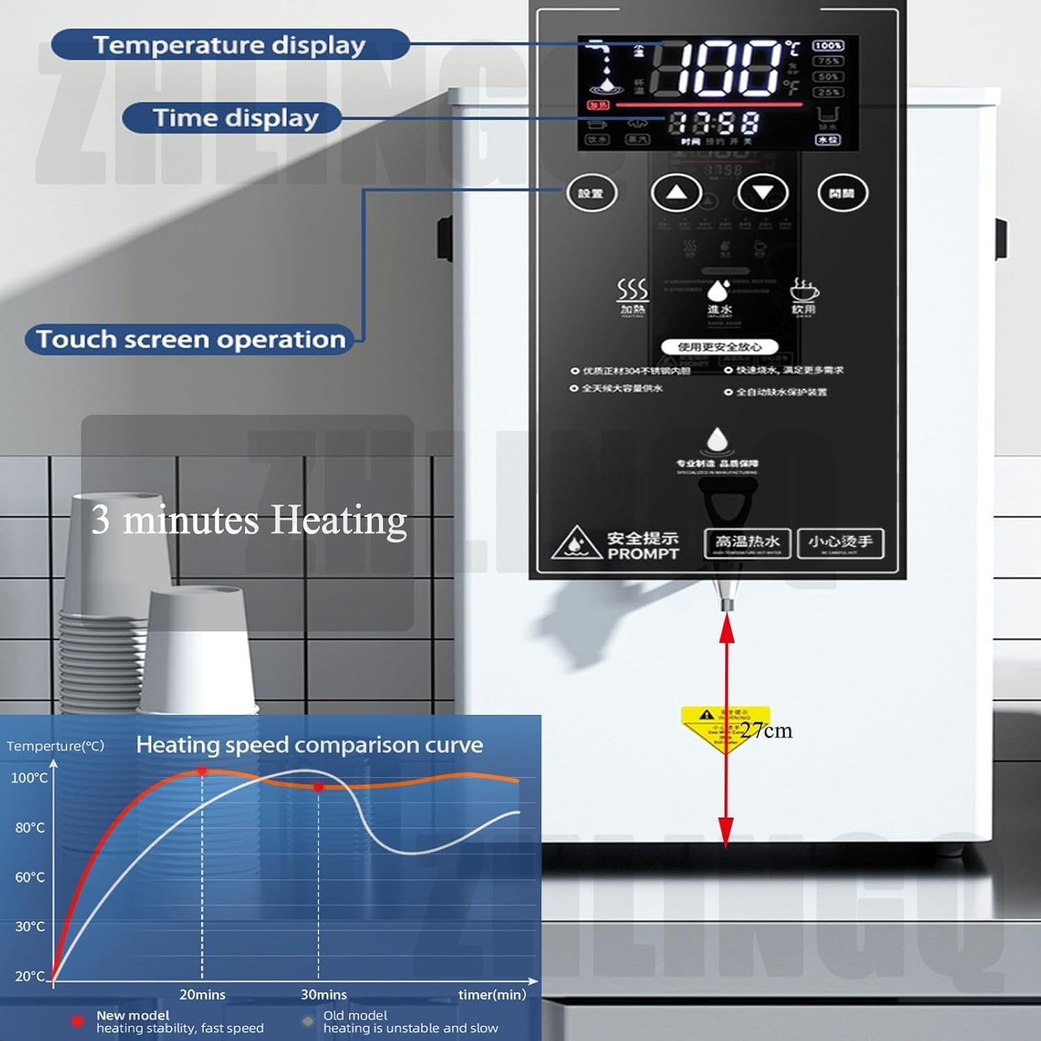 Step-Heating Commercial Hot Water Dispensers, Wall Mounted Fast Heater Water Boiler with 50L 60L 80L Automatic Steam Boiling, 304 Stainless Steel for Restaurants Homes Offices Restaurant,50L-Black