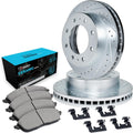 R1 Concepts Front Brake Kit Fits 2000-2005 Cadillac DeVille; 2002-2006 Chevrolet Avalanche; 2003-2020 Chevrolet Express 2500| Ceramic Pads, Drilled Slotted Rotors| Hardware| 12.8' Front