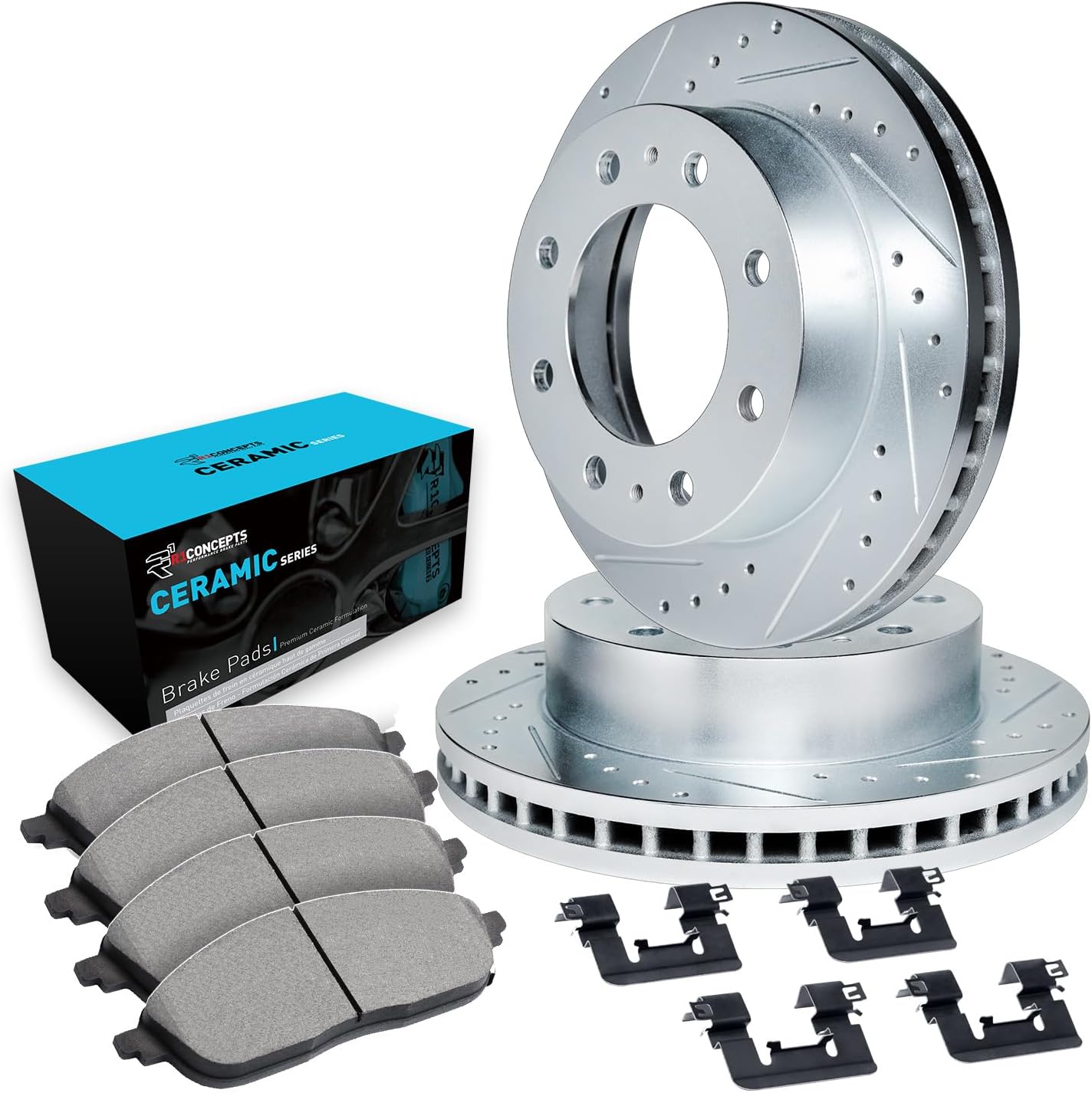R1 Concepts Front Brake Kit Fits 2000-2005 Cadillac DeVille; 2002-2006 Chevrolet Avalanche; 2003-2020 Chevrolet Express 2500| Ceramic Pads, Drilled Slotted Rotors| Hardware| 12.8' Front