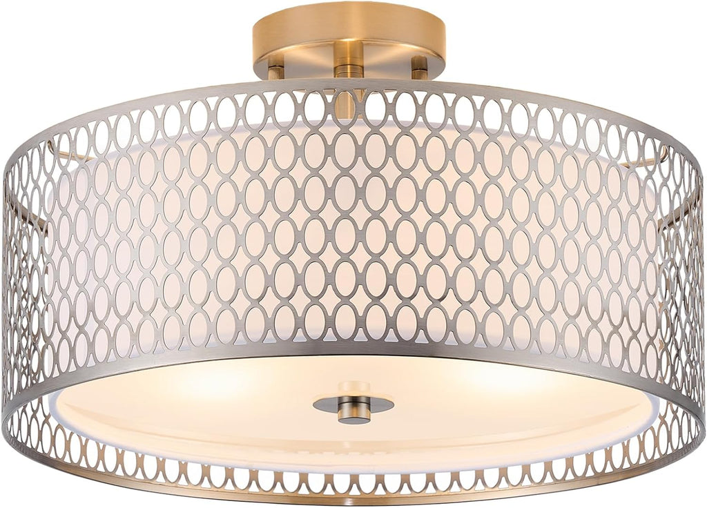 17' Semi Flush Mount Ceiling Light Fixture, Modern 3-Light E26 Double Drum Ceiling Lighting with White Fabric Lampshade and Gloden Iron Mesh Cage for Living Room Bedroom, Brushed Nickel