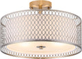 17' Semi Flush Mount Ceiling Light Fixture, Modern 3-Light E26 Double Drum Ceiling Lighting with White Fabric Lampshade and Gloden Iron Mesh Cage for Living Room Bedroom, Brushed Nickel
