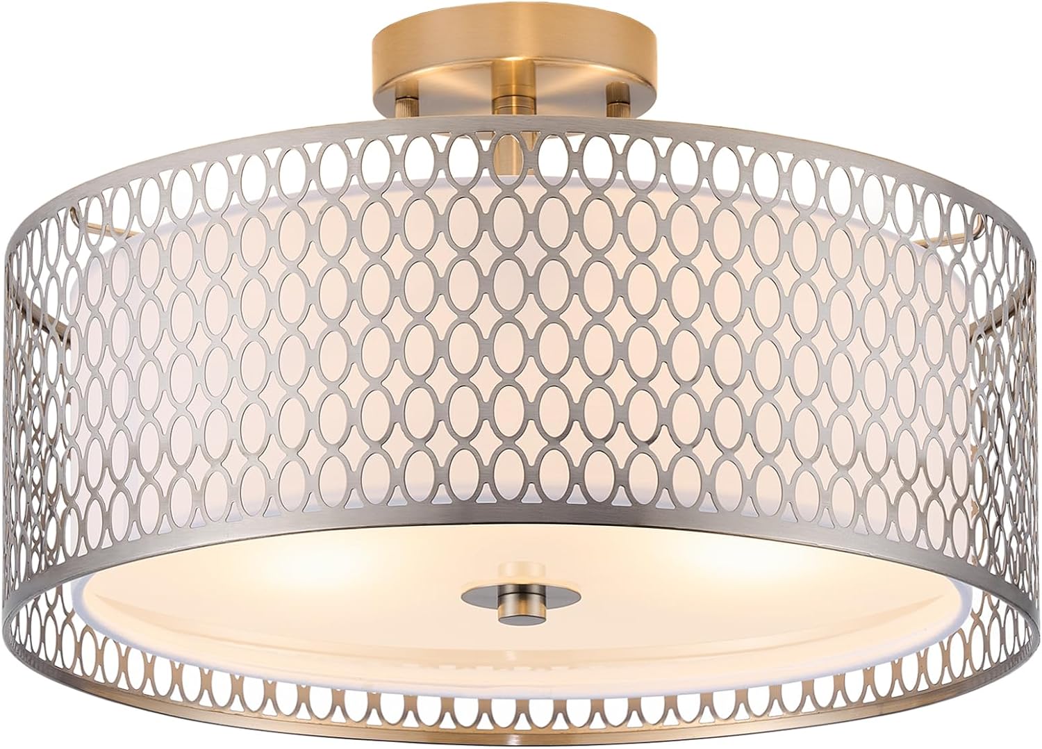 17' Semi Flush Mount Ceiling Light Fixture, Modern 3-Light E26 Double Drum Ceiling Lighting with White Fabric Lampshade and Gloden Iron Mesh Cage for Living Room Bedroom, Brushed Nickel