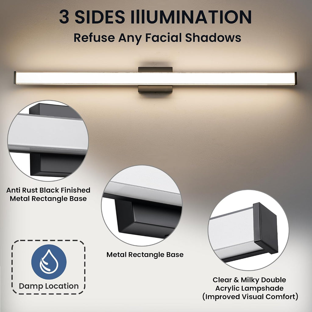 Modern LED Bathroom Vanity Light 48 inch 32W Dimmable 3CCT Bathroom Light Fixture Over Mirror Rectangle Bath Vanity Light Bar with Double Layer Acrylic Shade (Matte Black)