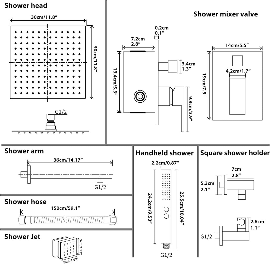 RUMOSE Rainfall Shower System with 4 Body Jets Wall Mounted 4 Mode Shower Faucet Set with 12 Inch Rain Shower Head and 2 in 1 Handheld Spray, Brushed Nickel Brass Shower Fixtures, Rough-in Valve