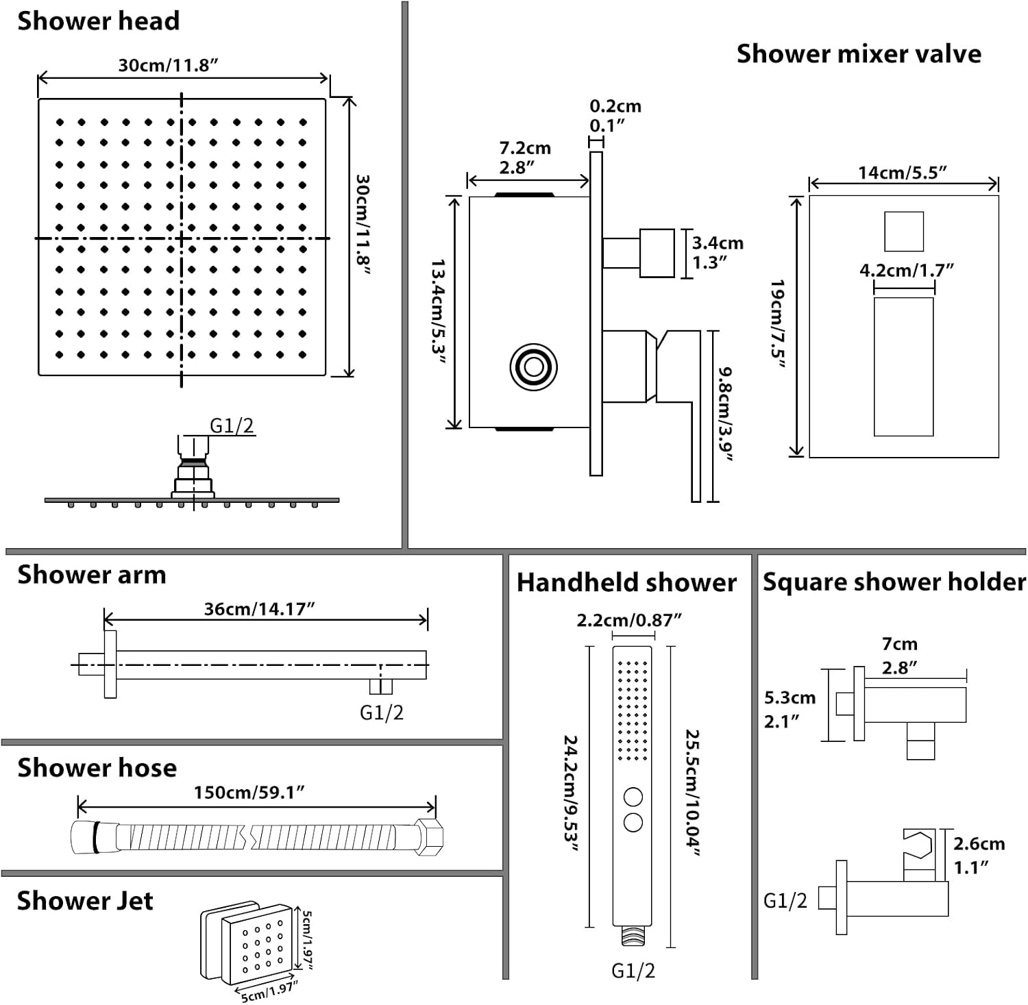 RUMOSE Rainfall Shower System with 4 Body Jets Wall Mounted 4 Mode Shower Faucet Set with 12 Inch Rain Shower Head and 2 in 1 Handheld Spray, Brushed Nickel Brass Shower Fixtures, Rough-in Valve