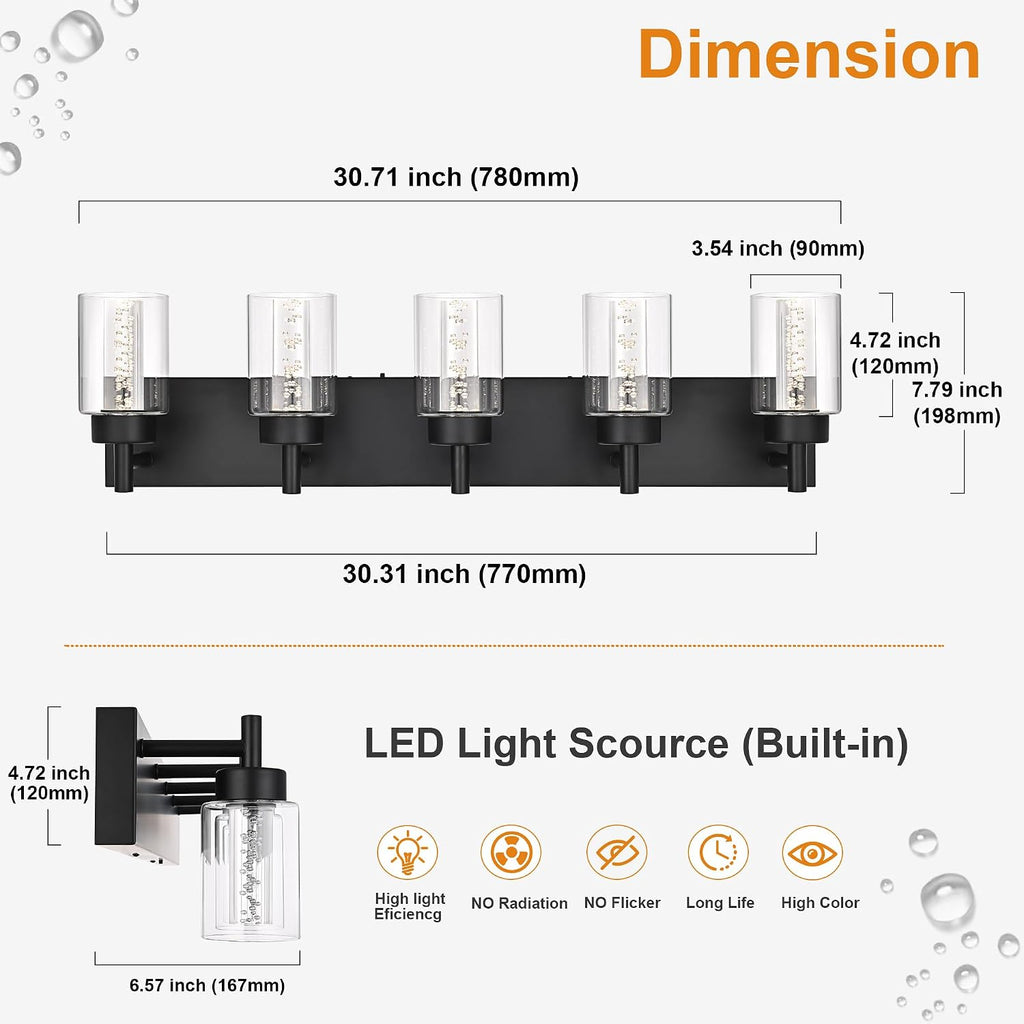 5-Light LED Bathroom Vanity Light Fixtures, Metal Black Finish Bathroom Lighting Over Mirror Interior Wall Lighting Fixtures with Crystal Bulb Clear Glass Shade(LED Bulbs Included)