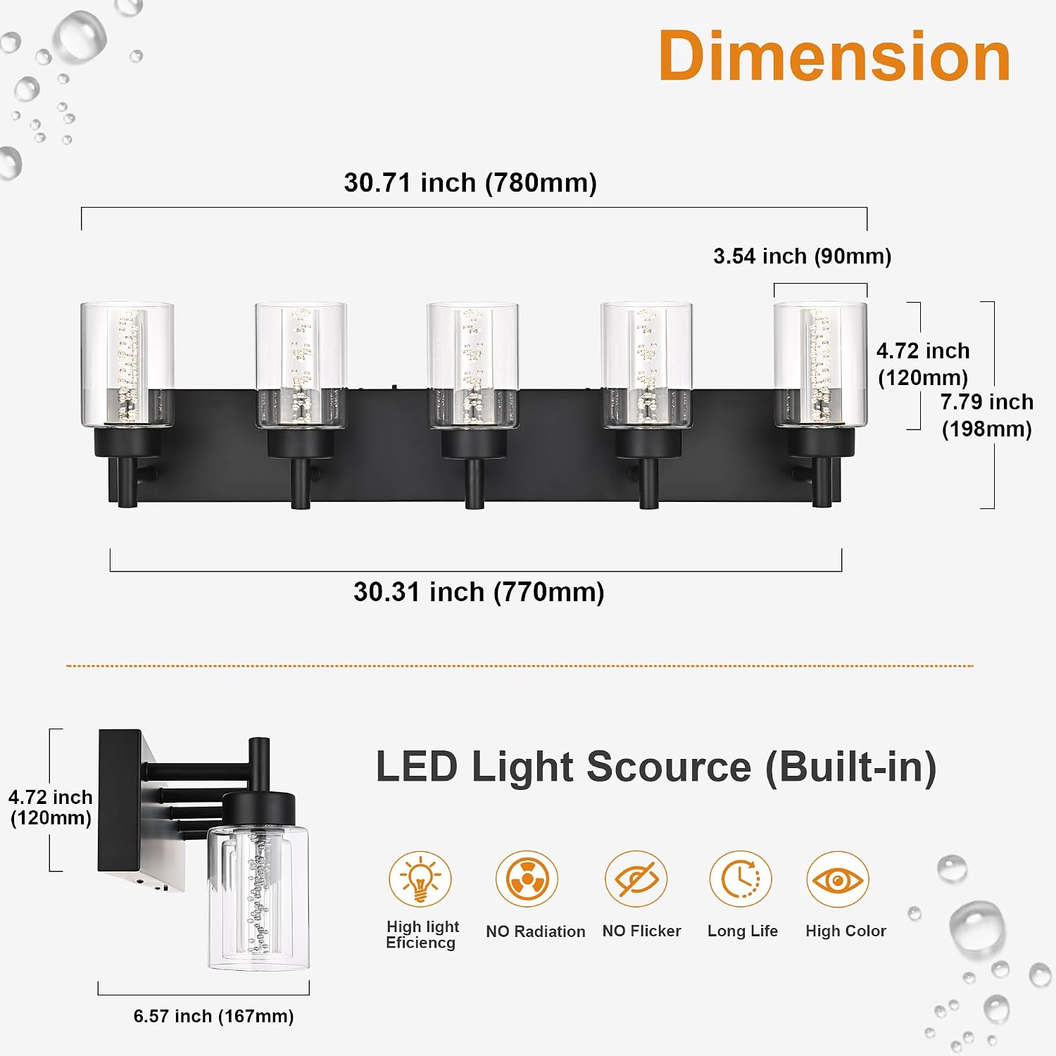 5-Light LED Bathroom Vanity Light Fixtures, Metal Black Finish Bathroom Lighting Over Mirror Interior Wall Lighting Fixtures with Crystal Bulb Clear Glass Shade(LED Bulbs Included)