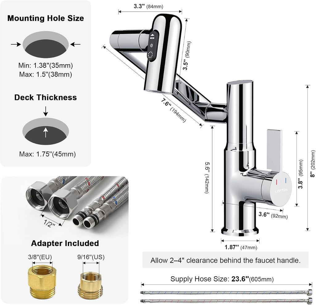 Lefton Rotatable Bathroom Faucet with Temperature Display in Fahrenheit (Batteries-Free), 3 Water Modes, Chrome, BF2204-1
