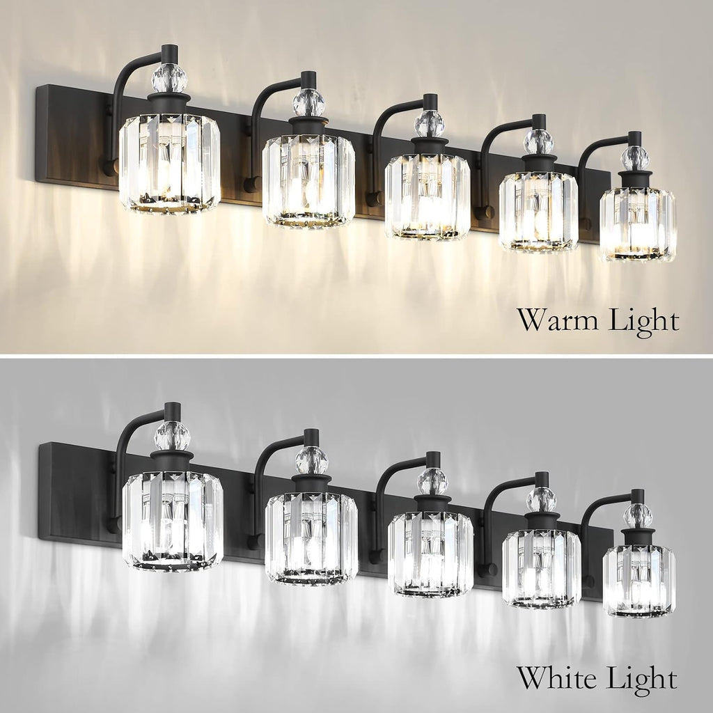 Ralbay Crystal Black Vanity Light Fixtures 5 Light Crystal Bathroom Light Fixtures Over Long Mirror Modern Matte Black Bath Wall Lights