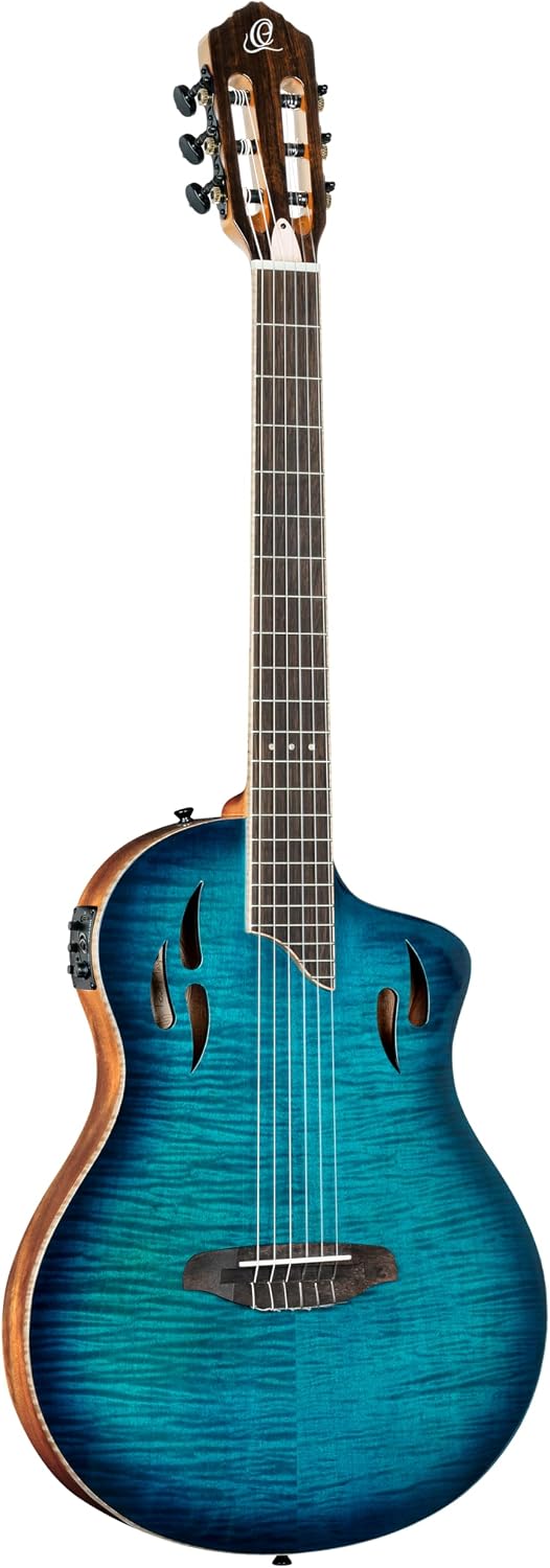 Ortega TourPlayer Deluxe Thinline Crossover Nylon-String Electric Guitar w/Pro gig bag, Flamed Maple Gloss Blue (RTPDLX-FMA)
