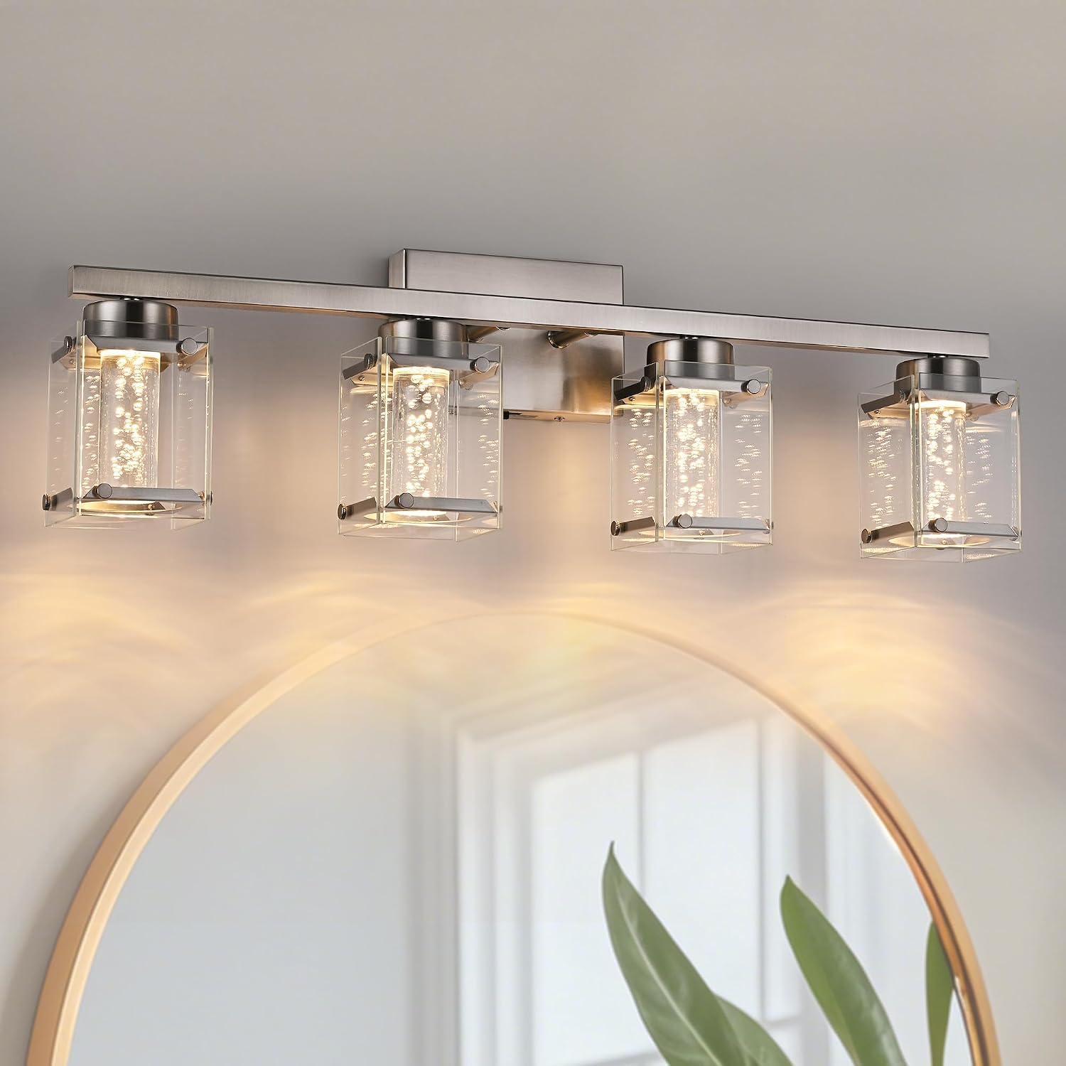LED Brushed Nickel Finish Bathroom Light fixtures, 4 Lights Modern Bathroom Wall Sconces with Bubble Crystal Glass Classic Vanity Lighting fixtures Over Mirror
