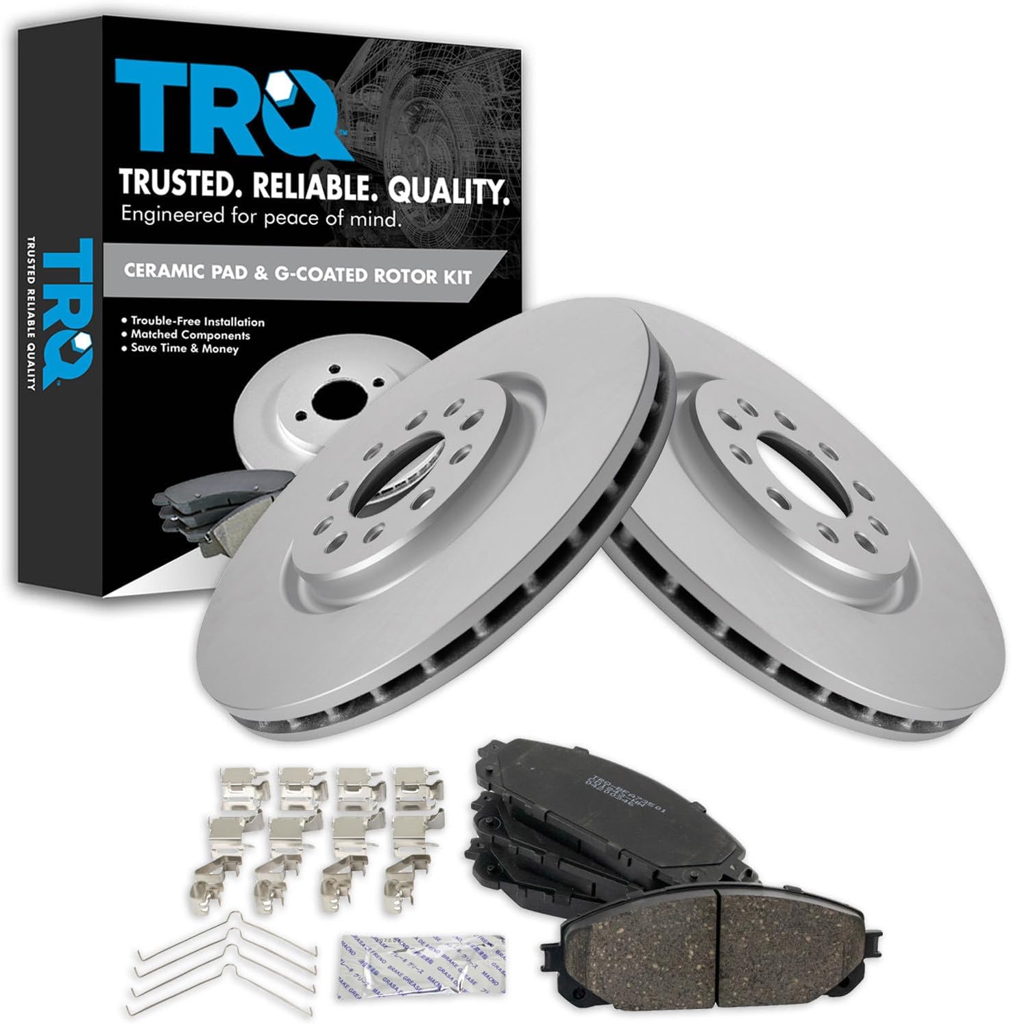 TRQ Front Ceramic Brake Pad and Rotor Set Coated Compatible with 2016-2021 Jeep Cherokee with 330 mm Diameter Front Rotors with Dual Piston Calipers