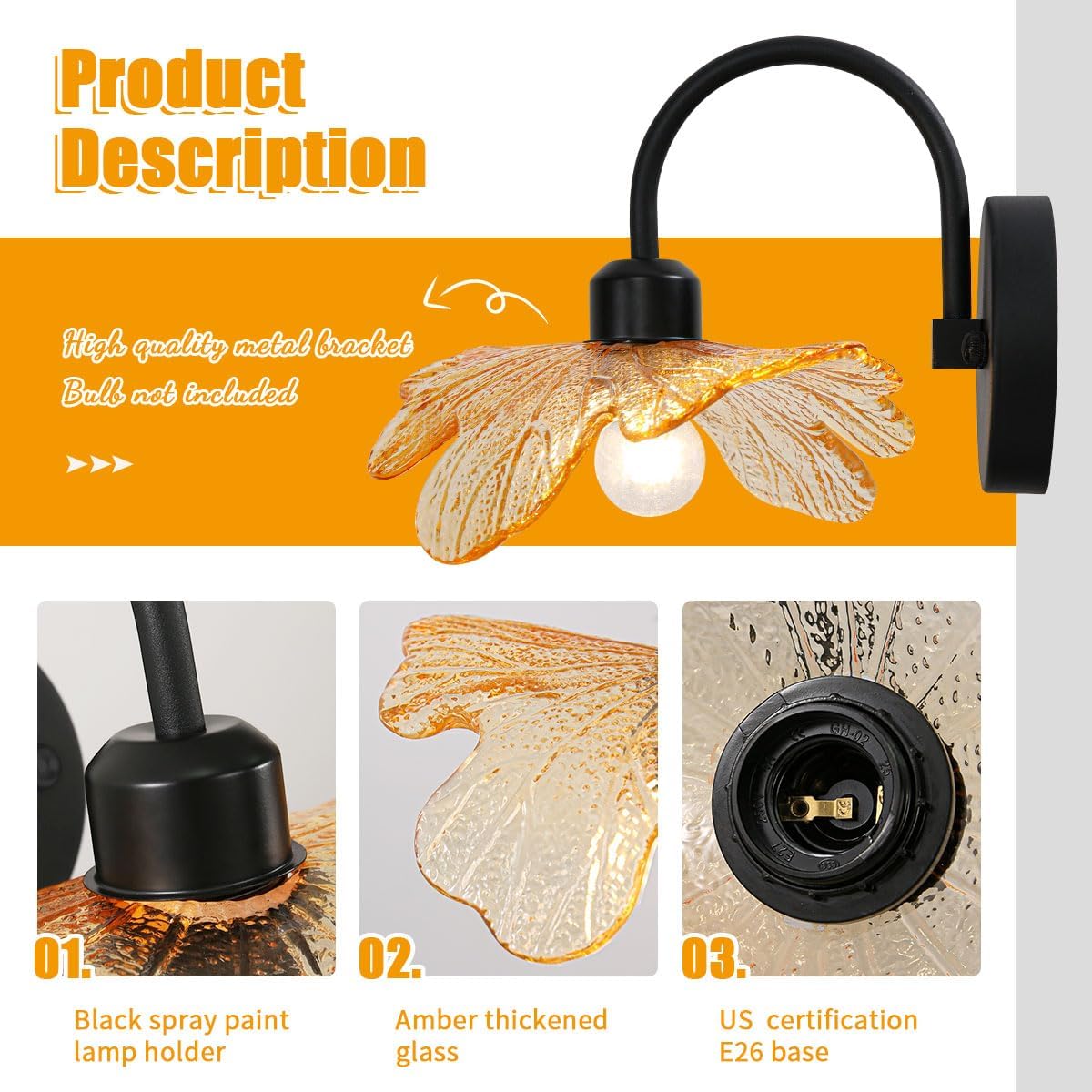 Bathroom Sconces Set of 2 Black Bathroom Vanity Light Over Mirror, Modern Wall Light Fixture with Amber Glass Shade Flower Art Deco Wall Sconce Vintage Wall Sconces for Bedroom Living Room