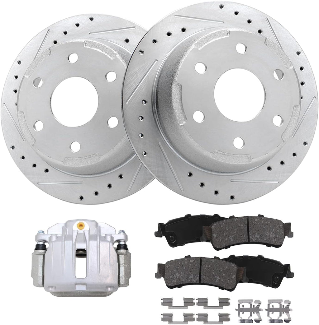 Detroit Axle - Rear Brake Kit for Chevy GMC Silverado Sierra 1500 Astro Tahoe Safari Yukon Drilled & Slotted Brake Rotors Brake Caliper Ceramic Brakes Pads Replacement