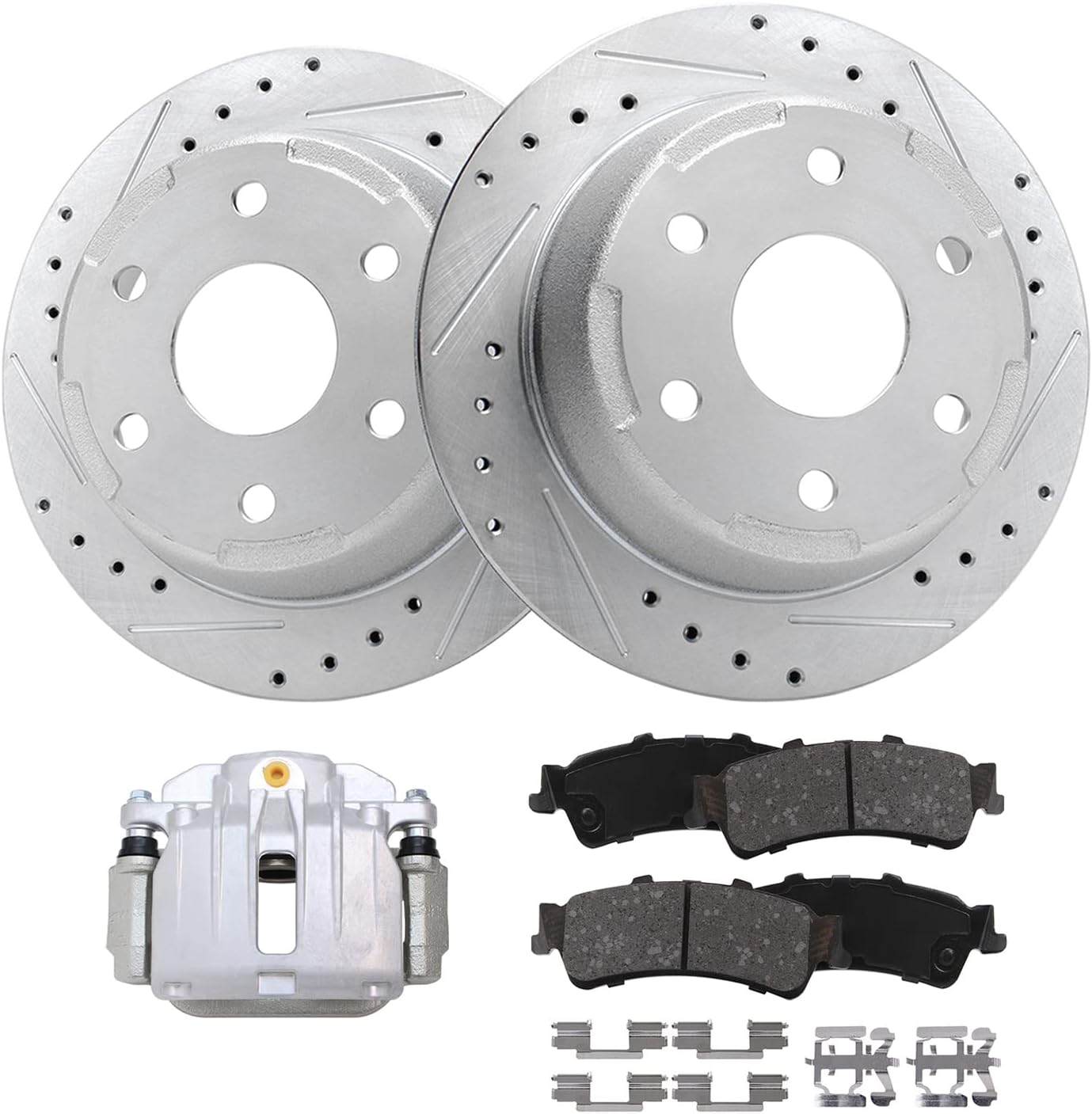 Detroit Axle - Rear Brake Kit for Chevy GMC Silverado Sierra 1500 Astro Tahoe Safari Yukon Drilled & Slotted Brake Rotors Brake Caliper Ceramic Brakes Pads Replacement