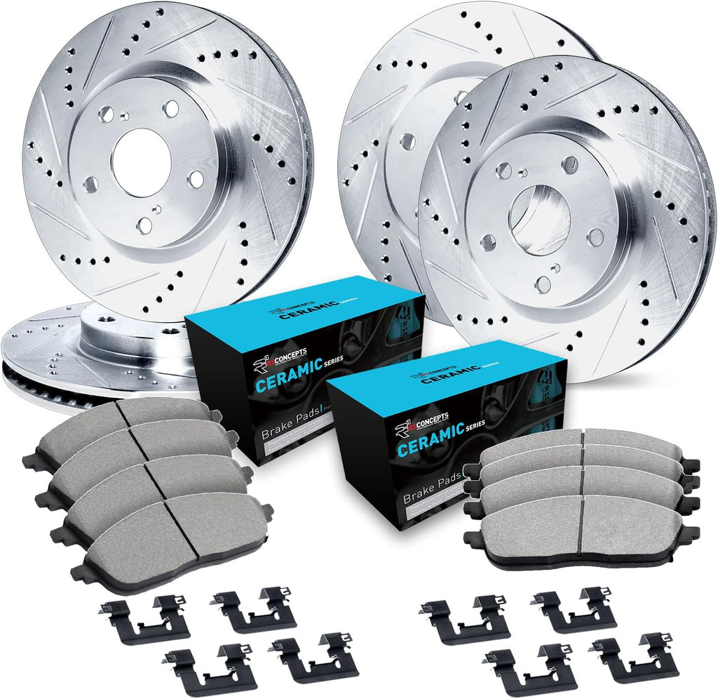 R1 Concepts Front and Rear Brake Kit Fits 2008-2012 INFINITI EX35; 2013 INFINITI EX37; 2011-2012 INFINITI G25| Ceramic Pads, Drilled Slotted Rotors| Hardware| 12.6' Front & 12.1' Rear