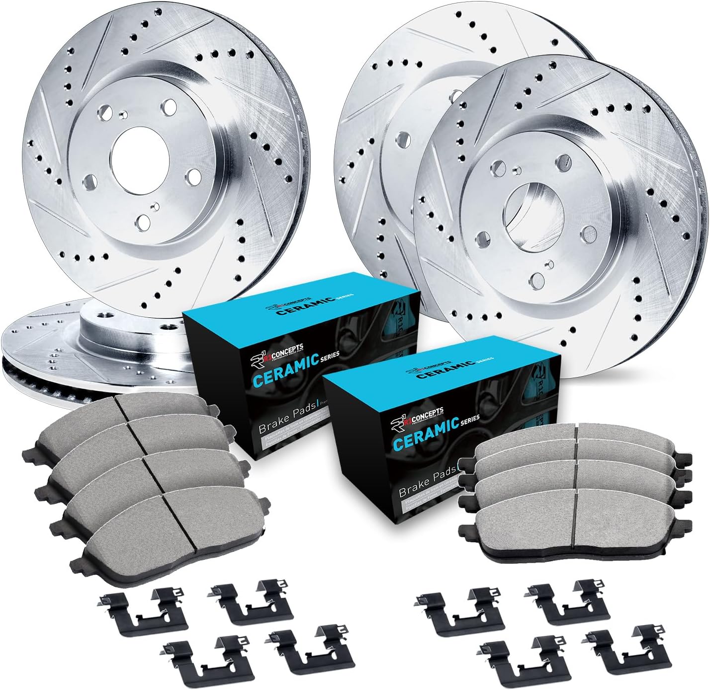 R1 Concepts Front and Rear Brake Kit Fits 2011-2016 BMW 535i, 550i; 2012-2018 BMW 650i| Ceramic Pads, Drilled Slotted Rotors| Hardware| 13.7' Front & 13.6' Rear