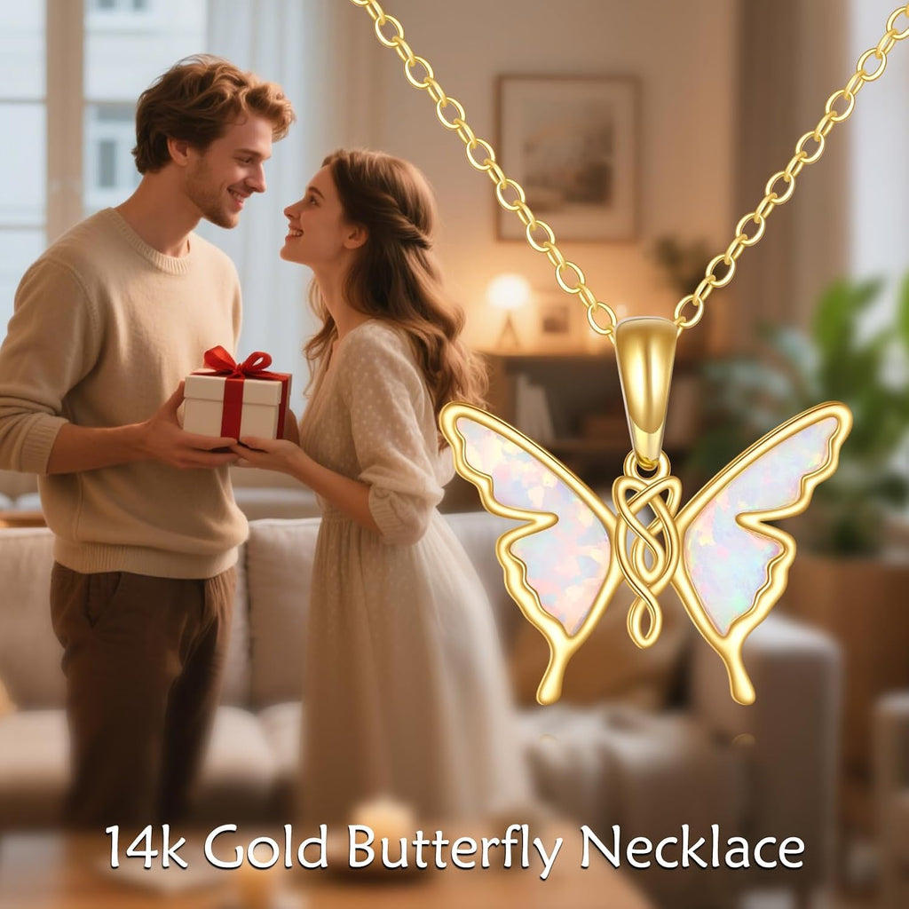 DOVRAN 14K Solid Gold Cat/Butterfly/Heart/Teardrop Necklace for Women 14K Gold Opal/Lapis Lazuli/Black Onyx Pendant Jewelry Gift for Women