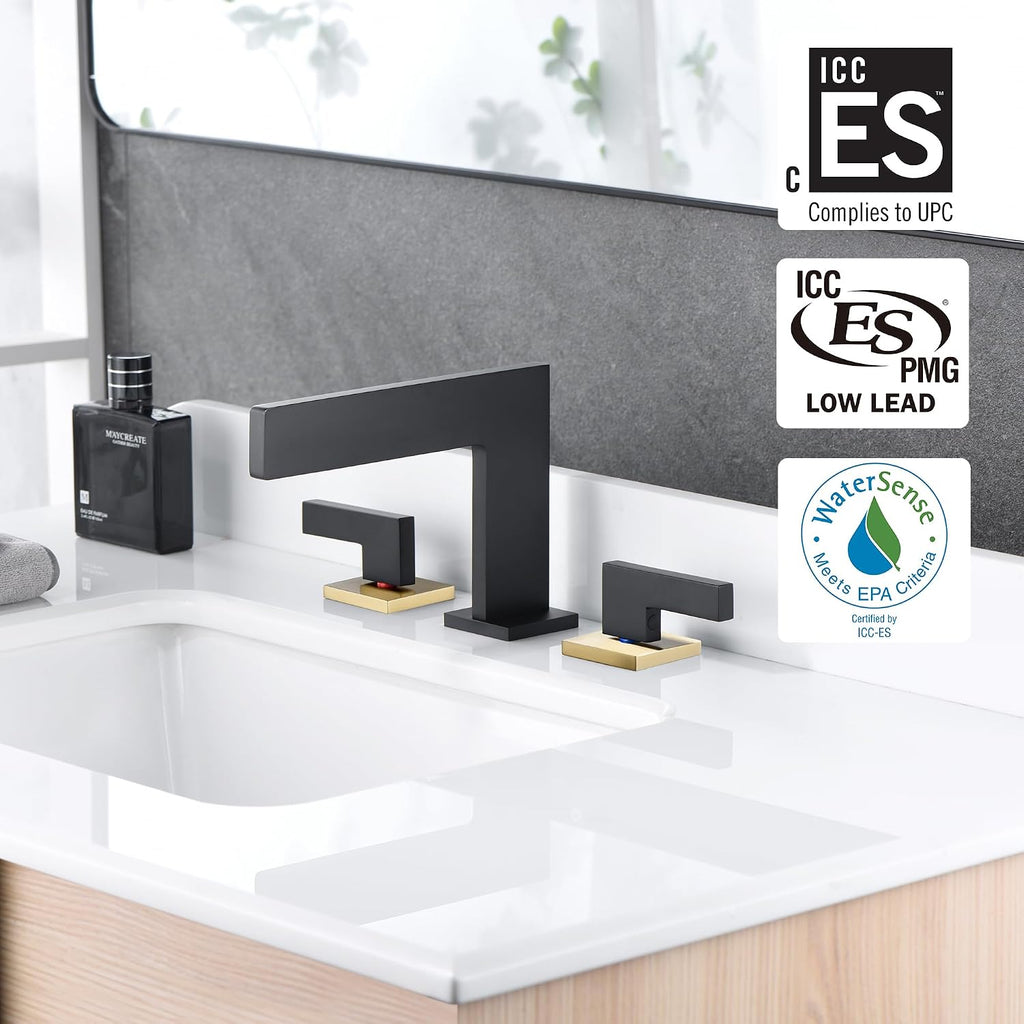 Sumerain Widespread 8 inch Bathroom Faucet, Black and Gold Bathroom Sink Faucet, 3 Hole 2 Knob Handle Waterfall Bathroom Faucet