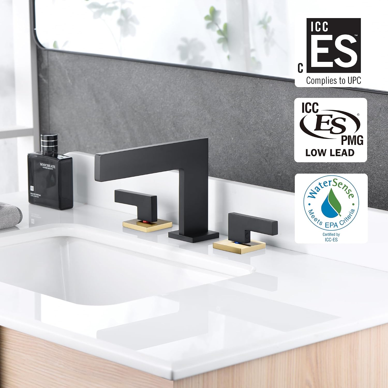 Sumerain Widespread 8 inch Bathroom Faucet, Black and Gold Bathroom Sink Faucet, 3 Hole 2 Knob Handle Waterfall Bathroom Faucet