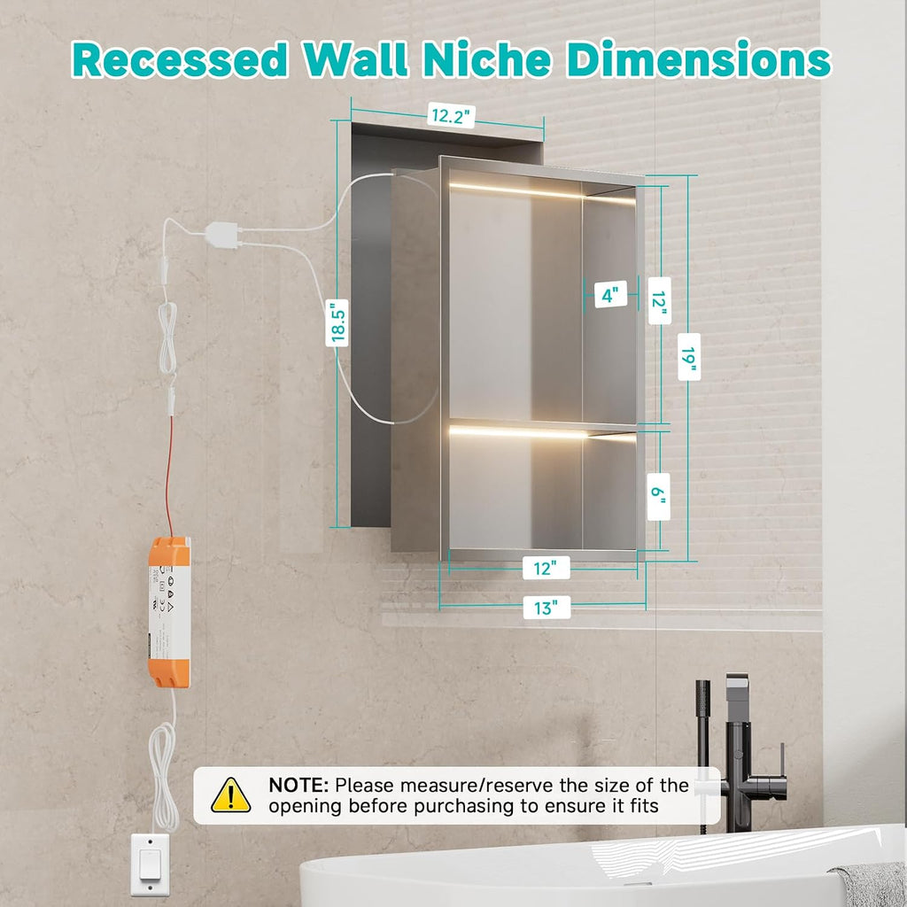 Stainless Steel LED Lights Shower Niche 12' x 18' – Recessed 2-Tier Shower Shelf, 12'x12' Upper & 12'x6' Lower Storage, Modern Bathroom Wall Niche (Brushed)